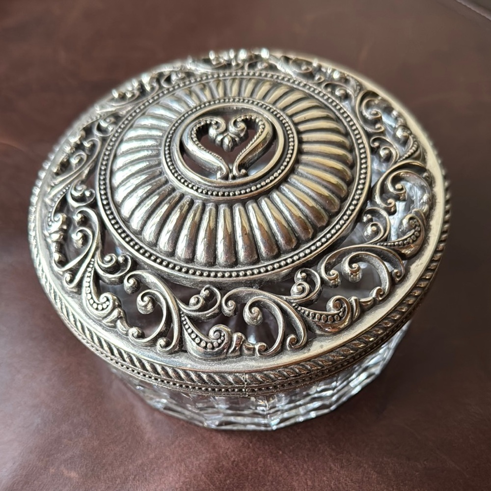 Brighton Silver & Glass Collectible Vanity Hearts Trinket Jewelry Box with Lid